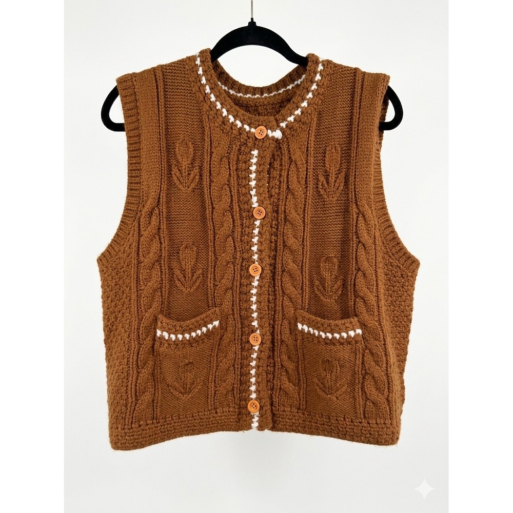 Cider Brown Cable Knit Sweater Vest Whipstitch Floral Button Front Size Large
